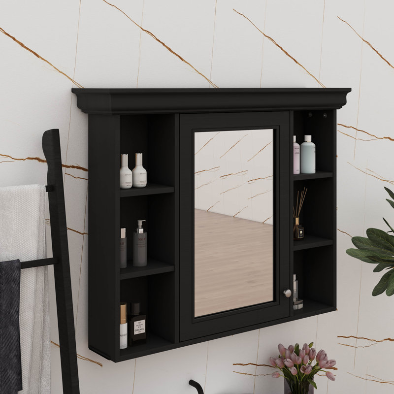 Armoire murale de salle de bain 35 po x 28 po avec porte miroir et 6 étagères ouvertes, armoire de salle de bain contemporaine