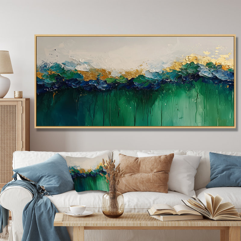Nuhad Green Neo Expressionism Of Rhythmic Driauge Flowers III - Neo-Expressionism Wall Art, H 28 po x l 60 po, Floater Framed