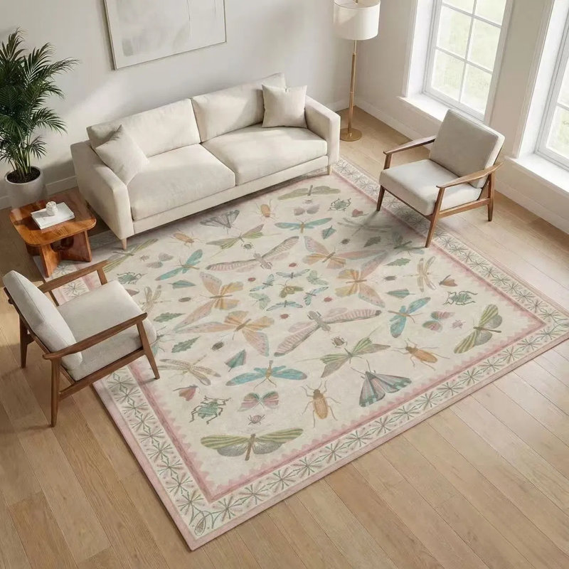 Washable 5x7ft Light Pink Boho Rug - Insect & Nature Print Nursery Carpet, Soft Floor Decor For Girls Bedroom, Playroom, Living Room
