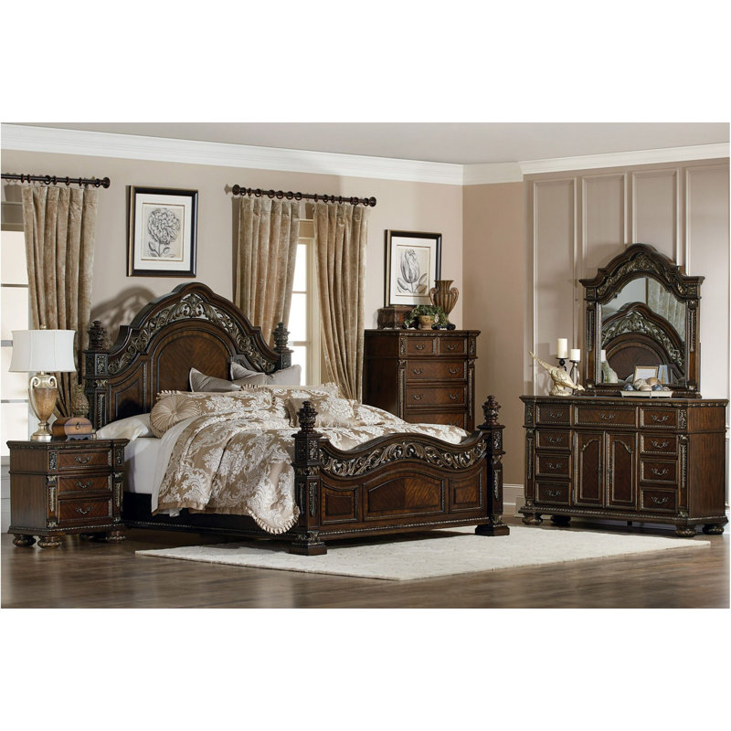 Ensemble de chambre à coucher Elacqua Elwin, Or, Très grand, 5 pièces : Lit, 2 tables de chevet, commode, miro