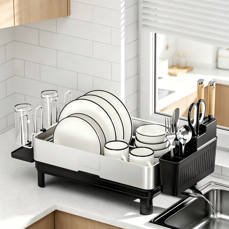 Stainless Steel Dish Drying Rack with Automatic Drainage, Black