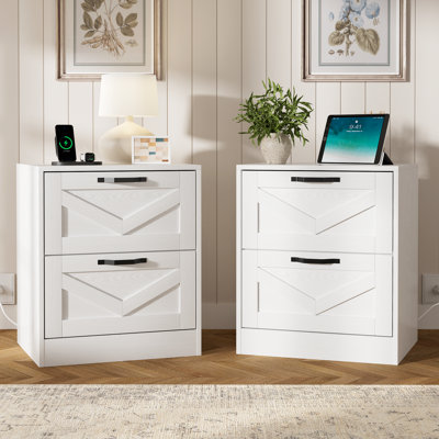 White Nightstand with "V" Surface Design,with Drawer and Power Outlet (Set of 2)