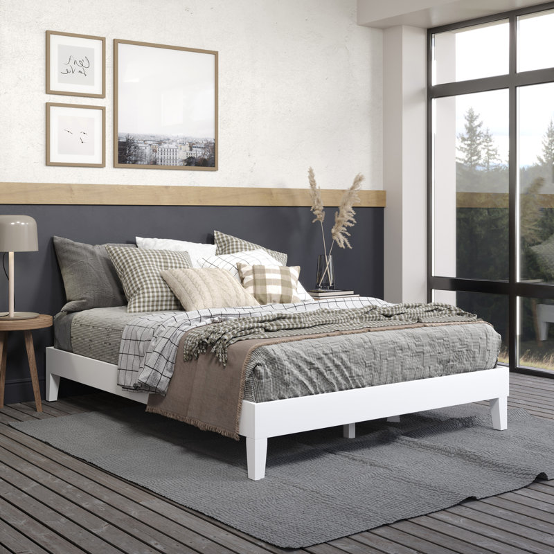 Antolic Solid Wood Platform Bed, White, Queen