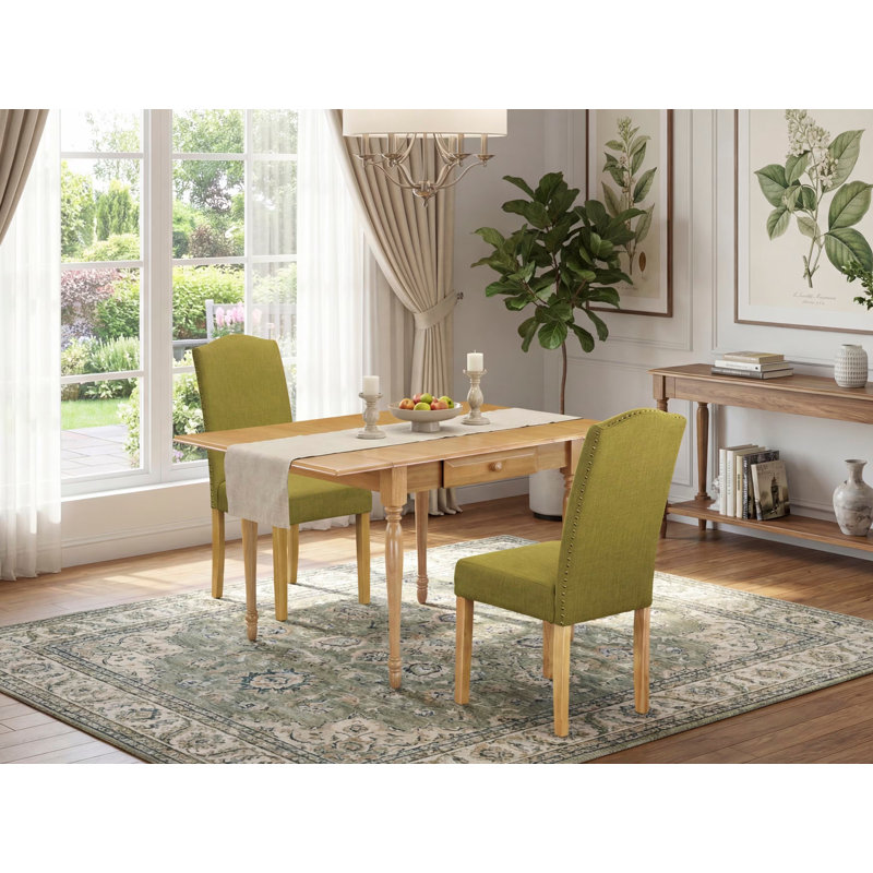 L'ensemble de 3 pièces de table de salle à manger moderne contient une table rectangulaire en bois avec Dropleaf et 2 chaises de salle à manger Parson en tissu de lin, chêne