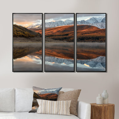 «Lake Mountains Reflection Snow Sunrise», ensemble d'art mural sur toile encadré paysage