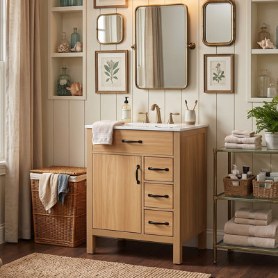 24" & 30" Modern Traditional Bathroom Vanity with Ceramic Sink, Solid Wood Legs & Door Storage Racks & 4 Drawers (Natural)