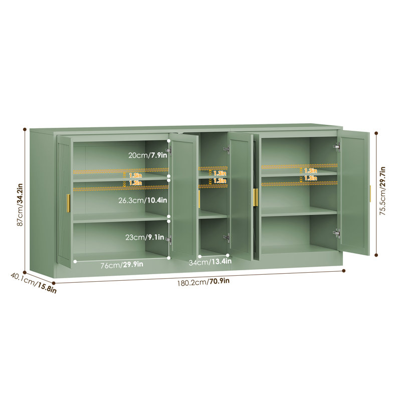 Grand buffet de 71 po de largeur avec 3 tablettes réglables, Green