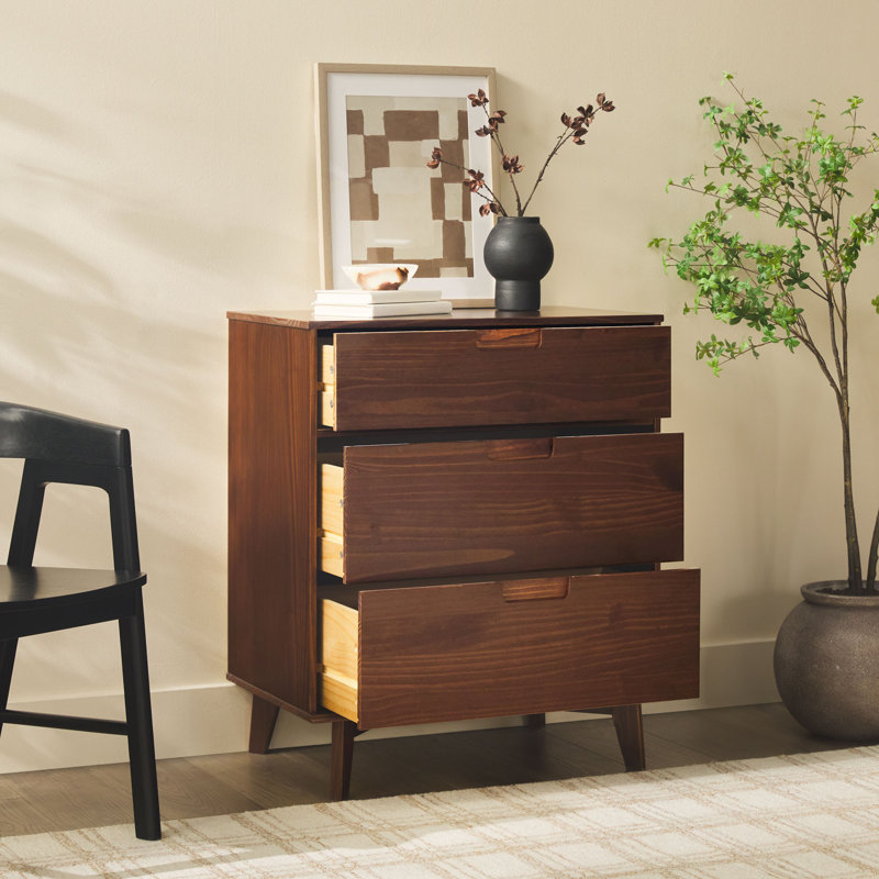 Yarber Groove 3 Drawer Solid Wood Chest, Walnut