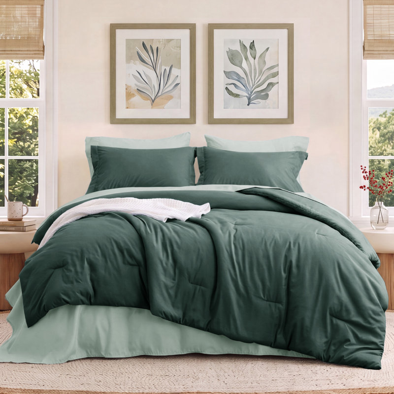 Ensemble d'édredon pour lit double - ensemble de literie 7 pièces vert forêt pour toutes les saisons, lit de style bohème contrastant dans un sac avec édredon, draps, taies d'oreiller et taies décoratives