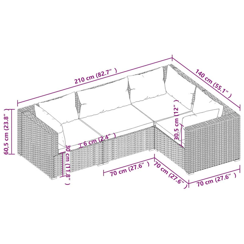 4 Piece Lounge Sofa Seating Group, Blue, Black