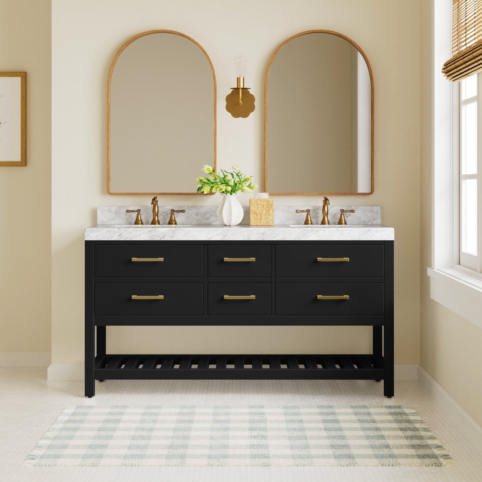 Carrie 60'' Double Bathroom Vanity, Black Onyx/Brushed Gold, Carrara White Marble