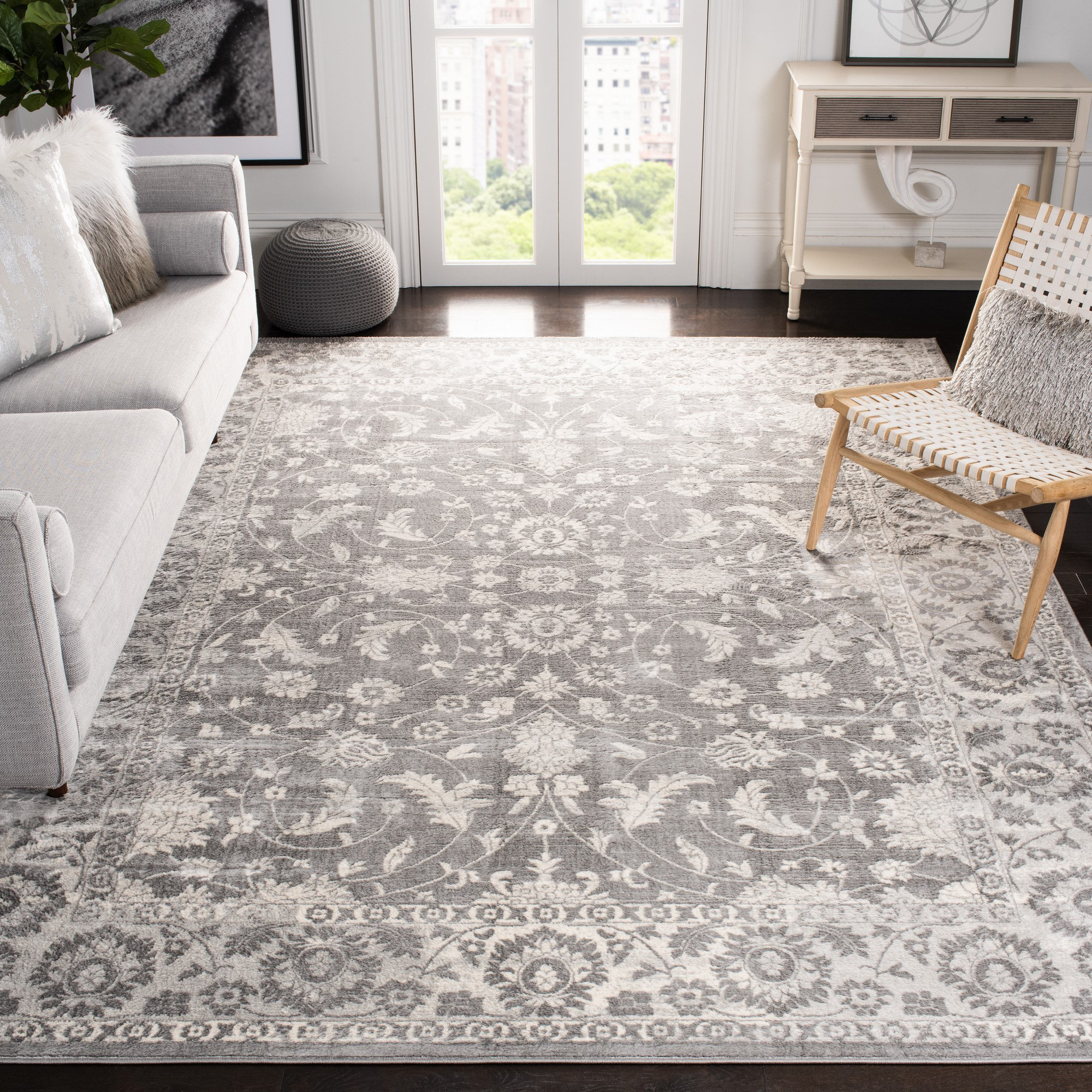 Bungalow Rose Madeus x Area Rug Persian Rug Foldable Thin Rug Chenille Grey Floral Print Accent Rug Retro Indoor Door Mat Non Slip Carpet Kitchen Living Room Bedroo