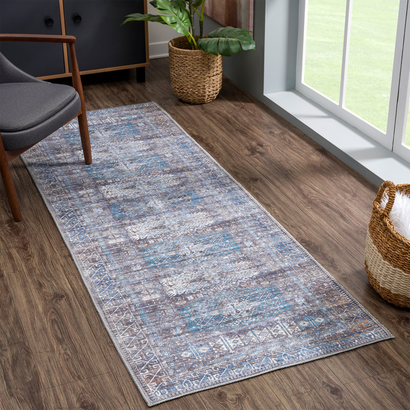 Washable Non-Slip Traditional Area Rug - Slate Gray / Blue Rug for Entryway, Hallway, Bathroom, and Kitchen - Fellers