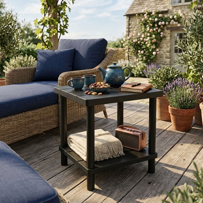 Table d'appoint d'extérieur à 2 niveaux, table de bout en bambou Adirondack pour patio, piscine, balcon, table d'appoint d'extérieur, résistante aux intempéries, noire