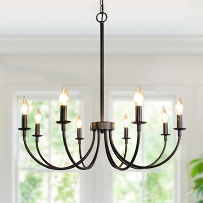 8-Light Farmhouse Chandelier With Adjustable Height, Rustic Black Iron Design For Dining Room, Kitchen, Living Room, Foyer, Entryway, And Staircase