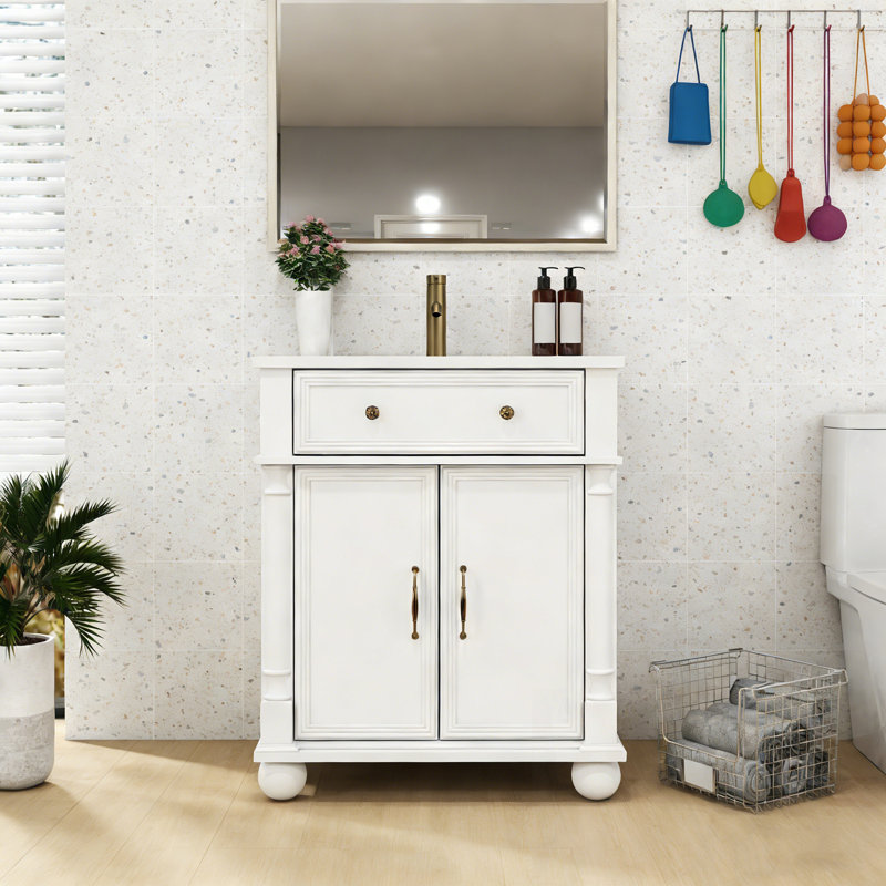 Meuble-lavabo de salle de bain avec lavabo, tiroir rabattable et poignées en métal, Blanc