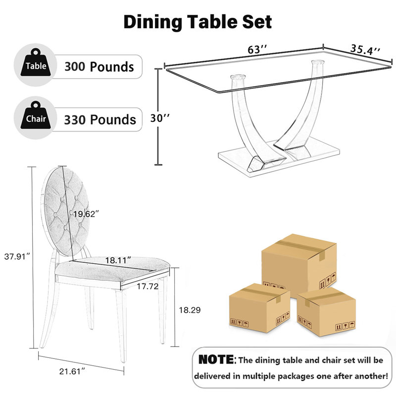 Ensemble de table de salle à manger rectangulaire en verre trempé avec fauteuil Luxtry, Noir, H 30 po x L 63 po x l 35,4 po