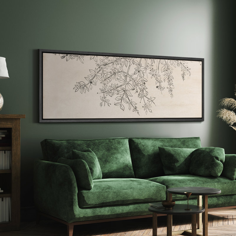 «Botanical S croquis», délicate ligne de fleurs et feuilles encadrée sur toile, H 20 po x l 60 po, Noir, noir, noir, noir