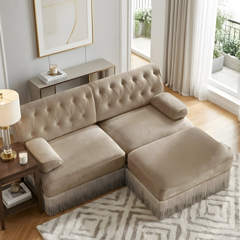 L-shaped, breathable, comfortable fringe-trimmed sofa, Camel Velvet, 34.2" H x 76.6" W x 60.3" D