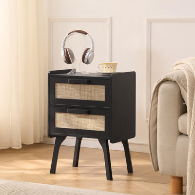 Table de chevet 2 tiroirs en rotin, table de chevet en bois avec façades de tiroirs tissées et pieds hauts, armoire de rangement bohémienne pour chambre à coucher, dortoir et petits espaces