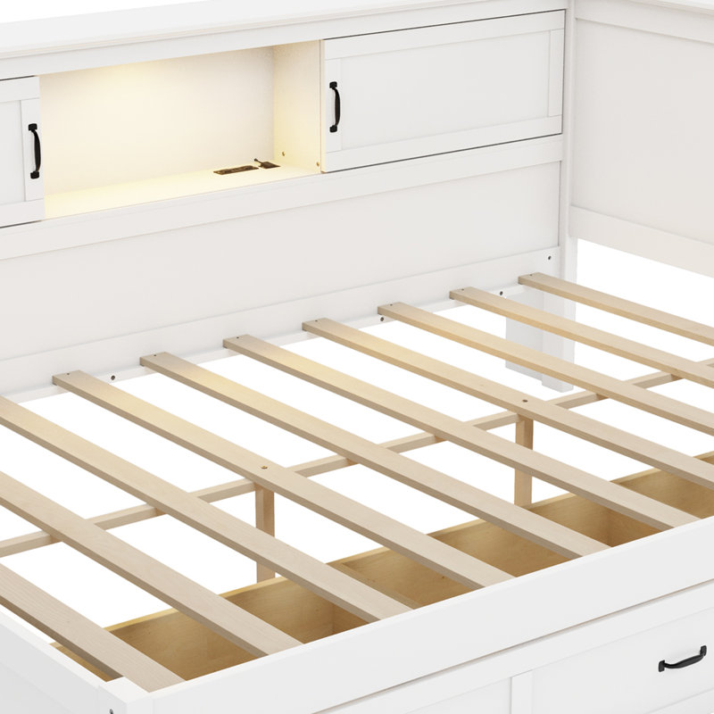Cadre de lit d'angle en L avec tiroir, bibliothèque, éclairage à DEL et port USB pour petite pièce, chambre à coucher, chambre d'amis