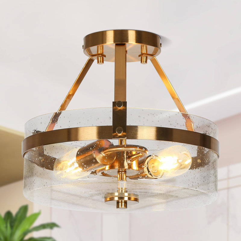 Modern Brass Gold 2-Light Semi-Flush Mount with Seeded Glass Shade