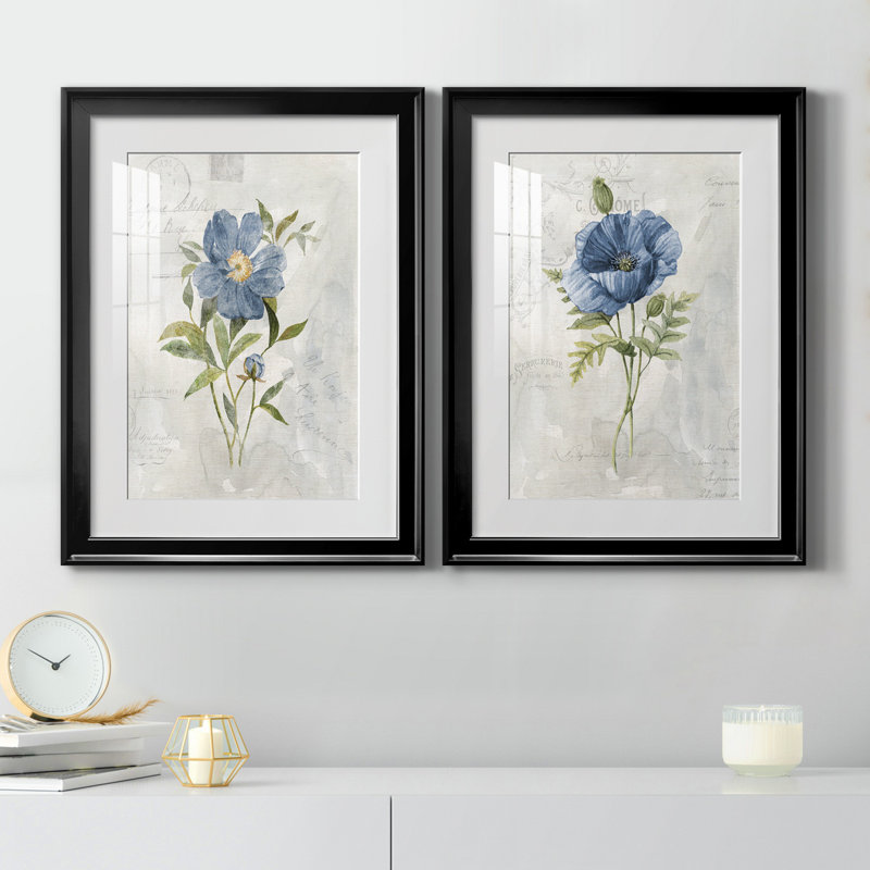 Blue Linen Peony - ensemble de 2 reproductions d'art, Papier encadré noir, Blanc, H 22,5 po x l 61 po x P 1,5 po