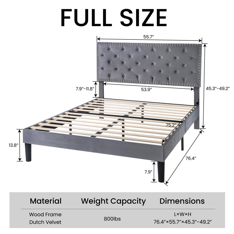 Aleiny Velvet Bed with Adjustable Upholstered Headboard, Full, Gray