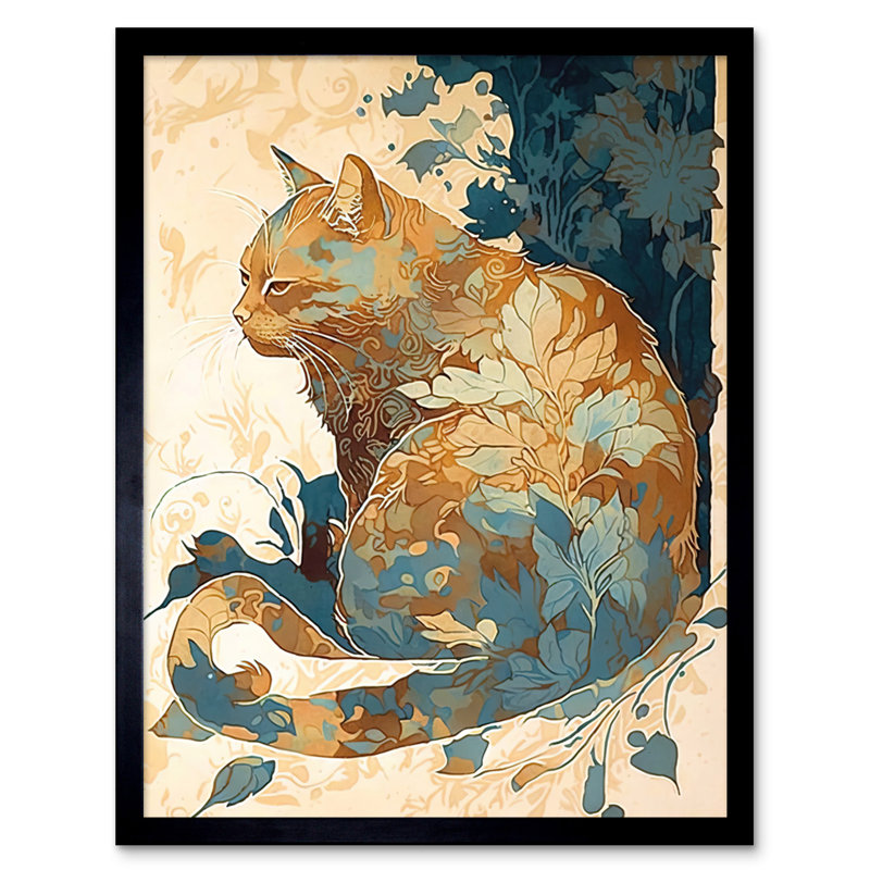 Cat With Leaf Pattern Fur Coat Modern Teal And Ochre - Single Picture Frame Print
