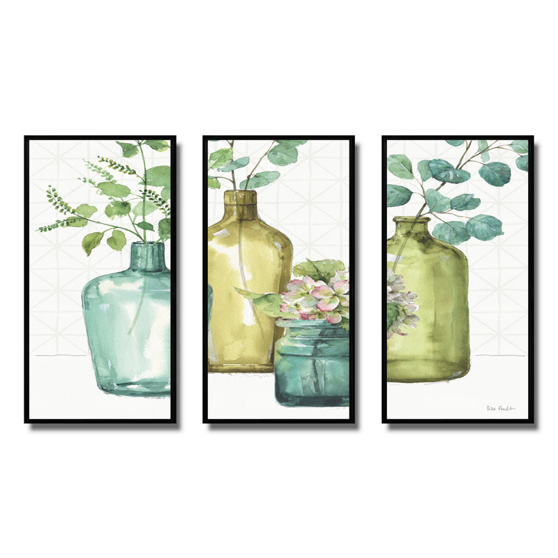 «Mixed Botanical Green Leaves» - Ensemble d'art mural sur toile encadré de campagne, H 20 po x l 36 po x P 1 po, Cadre noir