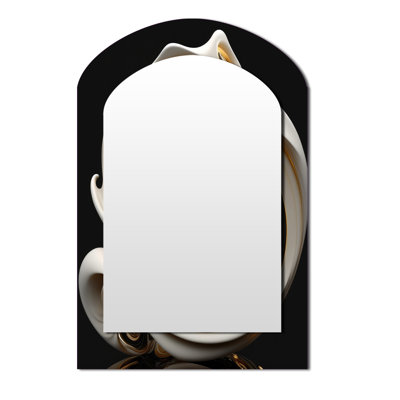 Verre liquide blanc liquide V - miroir asymétrique spirales abstraites, miroir mural unique arche dorée, impression sur métal