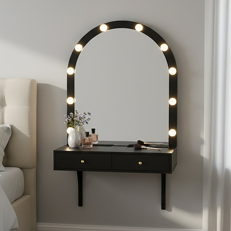 Meuble-lavabo mural flottant avec miroir DEL, éclairage 3 couleurs, prise de courant et ports de charge USB - coiffeuse de rangement compacte pour la chambre à coucher et la salle de bain