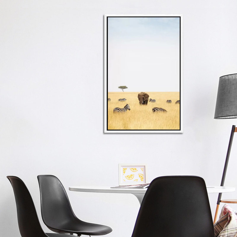 Zebra And Elephants In Kenya - Vertical by Susan Richey - Gallery-Wrapped Canvas Giclée on Canvas, White Framed