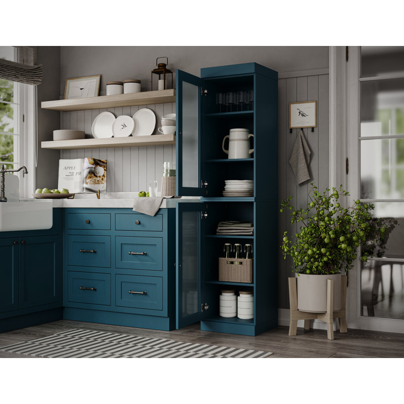 Garde-manger Jaylena 100% bois massif 16,5 po avec portes en verre givré et tablettes réglables, Bleu sarcelle