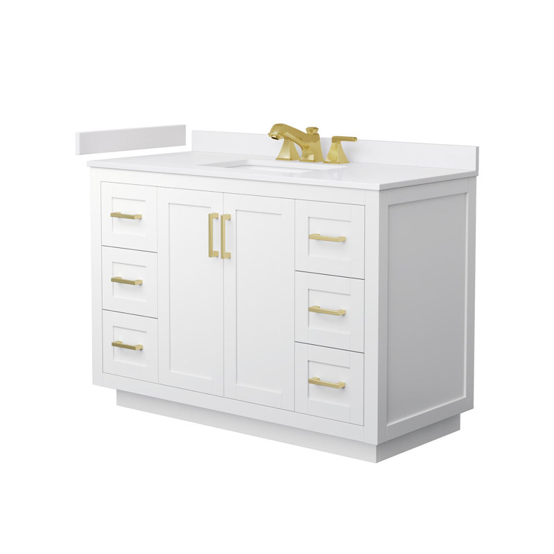 Ensemble de meuble-lavabo simple autoportant avec plateau en marbre Miranda, Blanc, Or brossé