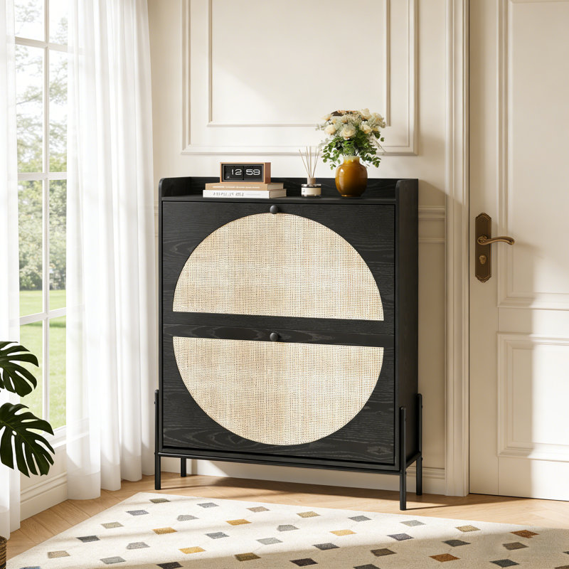 Rattan Shoe Storage Cabinet with 2 Flip Drawers for Narrow Entryway, Black