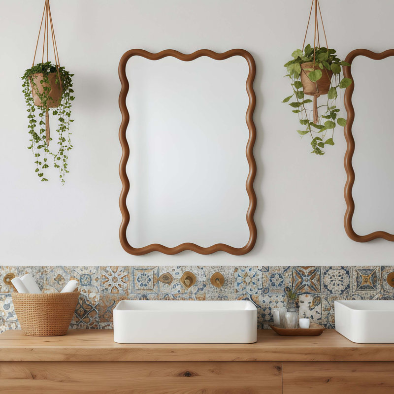 Rectangle Wood Frame Decorative Mirror with Irregular Lines, Natural Finish, Versatile Wall Mount for Bedroom Bathroom Living Room Entryway.