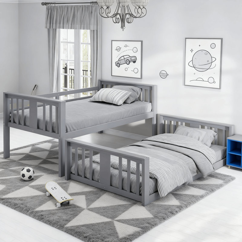 Twin Size Solid Wood Low Bunk Bed, Gray