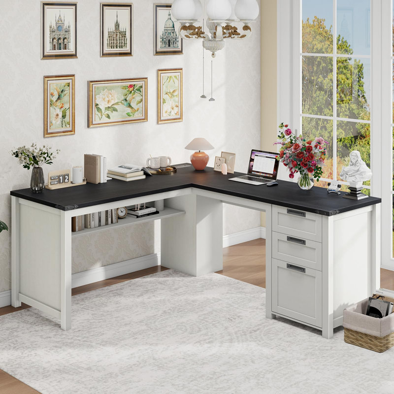 Farmhouse L Shaped Executive Desk With Drawers And Storage Shelf, Black