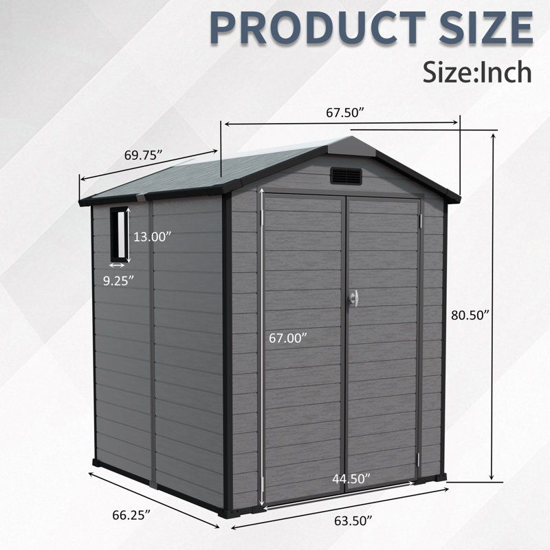 6X6 Ft Resin Outdoor Tool Shed With Lockable Doors, Window, And Floor, Dark Grey, Spacious For Lawn Equipment Bicycles, Metal Reinforced Weather Protection, Air Vents Airflow Grey Storage - Structure