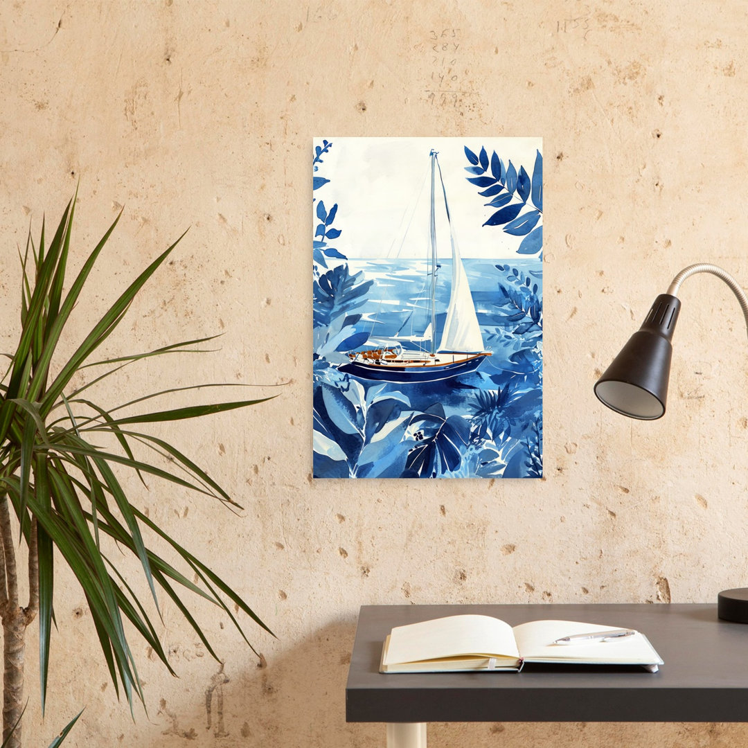 Blue Tropical Sailboat Peaceful Serene Abstract Coastal Nature Wall Art Print