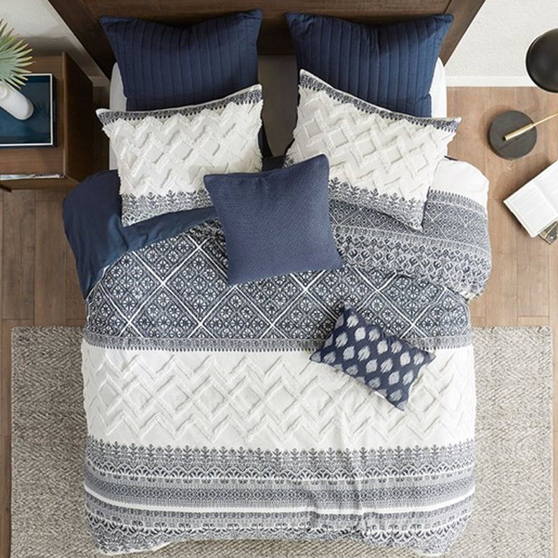 King/ King Cotton Duvet Cover With Tufting - Style, Print, Taupe Solid Back, Washable Chenille , Reverse, Corner Tie, Navy
