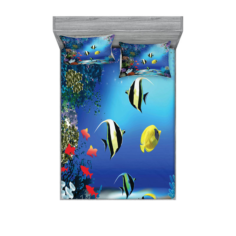 Ambesonne Sea Fitted Sheet & Pillow Sham, Blue, California King Sheet Set + 5 Additional pieces