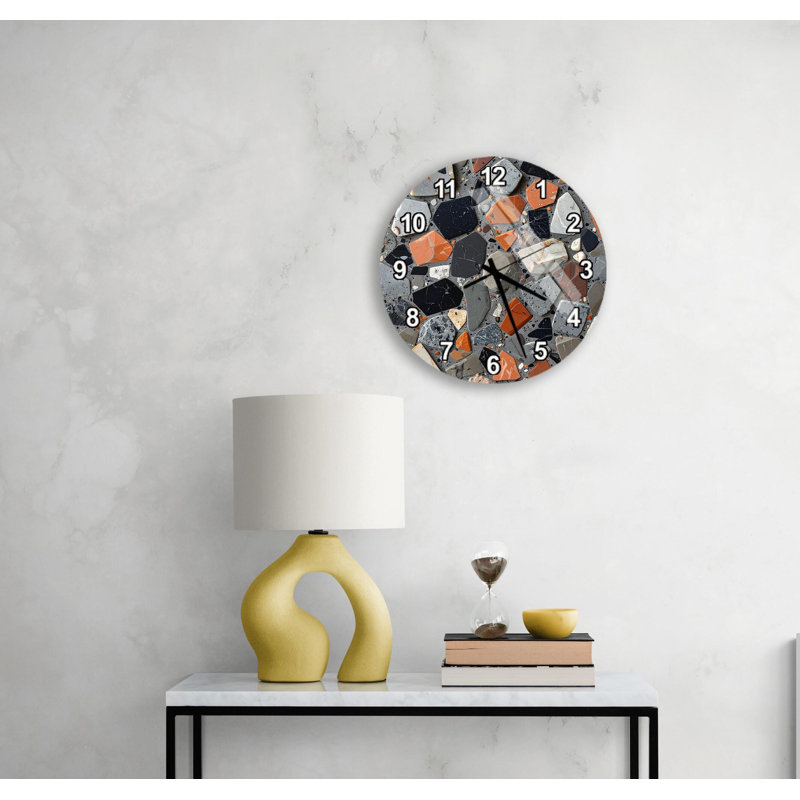 Horloge murale Terrazzo, motif de pierre moderne, décor en verre trempé pour la cuisine, montre mosaïque colorée, idée de cadeau de pendaison de crémaillère unique