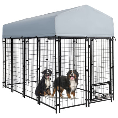 8x4x6 FT Outdoor Dog Kennel with Roof Cover, Heavy Duty Dog House Outside with Lockable Door and 2 Rotating Feeding Bowls