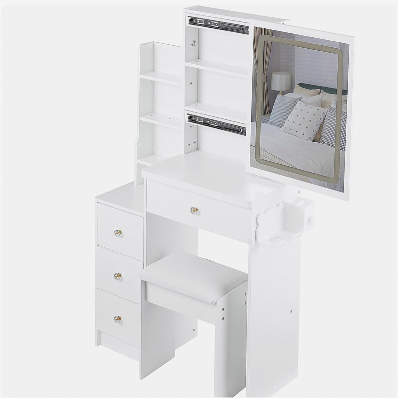 Petit meuble-lavabo de petite taille avec tabouret de chevet gauche, tabouret 2 AC + 2 USB, support pour séchoir à cheveux, très grand miroir à DEL coulissant à commande tactile, interrupteur tricolore, réglage de la luminosité