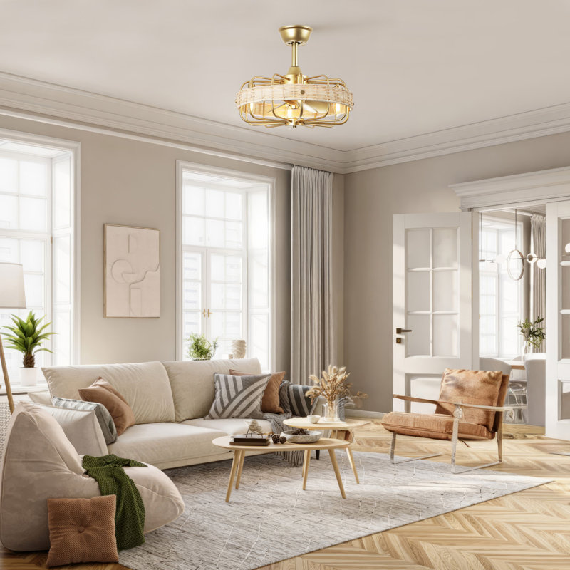 Ventilateur de plafond en rotin 18 po avec lumière et télécommande, Doré / crème