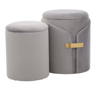 Contemporary Nesting Ottoman Set In Silver Velvet With Gold Metal Accents For Stylish And Space-Saving Seating