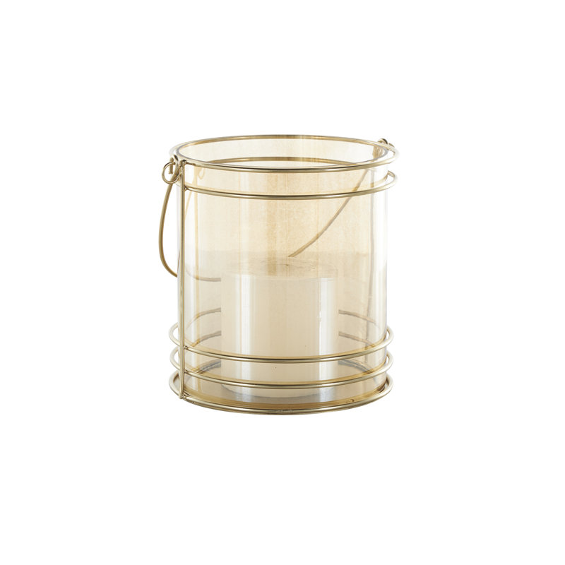 Metal Indoor Outdoor Gold Candle Lantern with Thin Circular Rods and Tinted Glass, 8.25" H x 5.73" W x 7.50" D