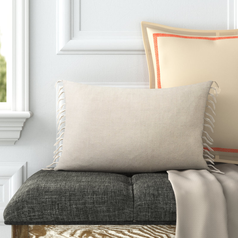 Sharron Tassels Linen Reversible Throw Pillow, White, Polyester/Polyfill